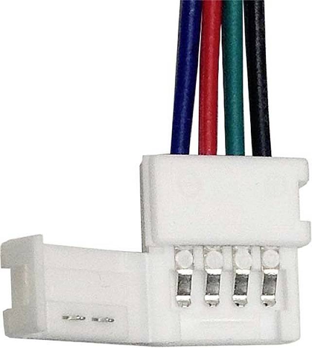 Nahaufnahme eines weißen 4-Pin-Steckverbinders mit vier bunten Kabeln (rot, blau, grün, schwarz), die jeweils mit den Pins verbunden sind.