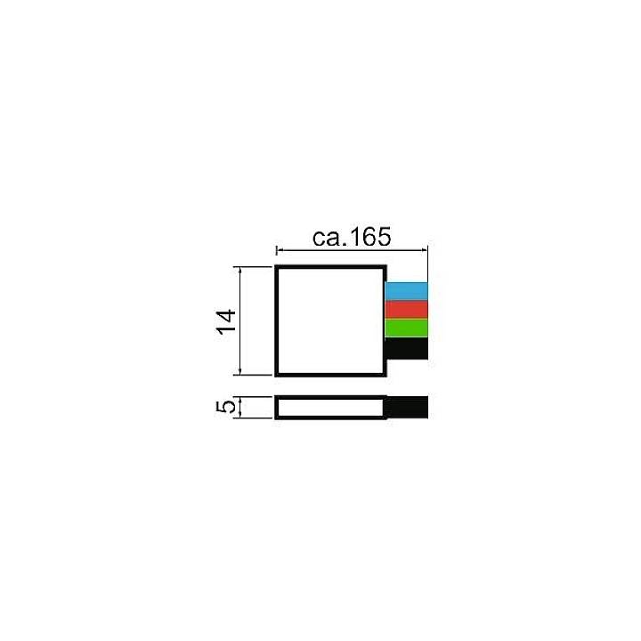 Schematische Darstellung eines rechteckigen Querschnitts: 14 x 165 mm. Vier farbige Ebenen (rot, blau, grün, schwarz) auf der Oberseite.