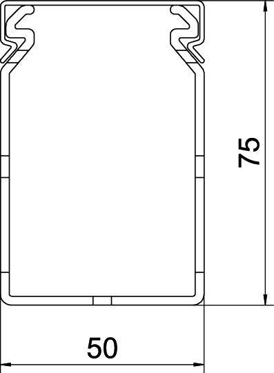 Technische Zeichnung eines rechteckigen Profils mit Maßen: Breite 50 mm, Höhe 75 mm. Erkennbar sind komplexe Innenstrukturen.