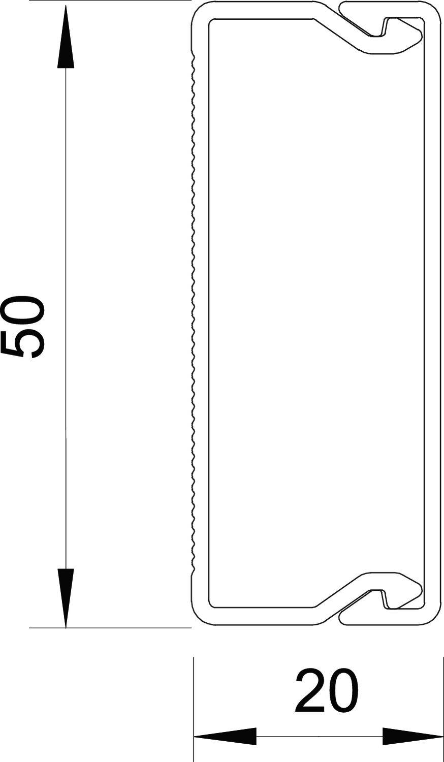 Technische Zeichnung eines rechteckigen Bauteils mit den Maßen: Höhe 50 mm, Breite 20 mm. Linien und Pfeile zeigen Maße an.