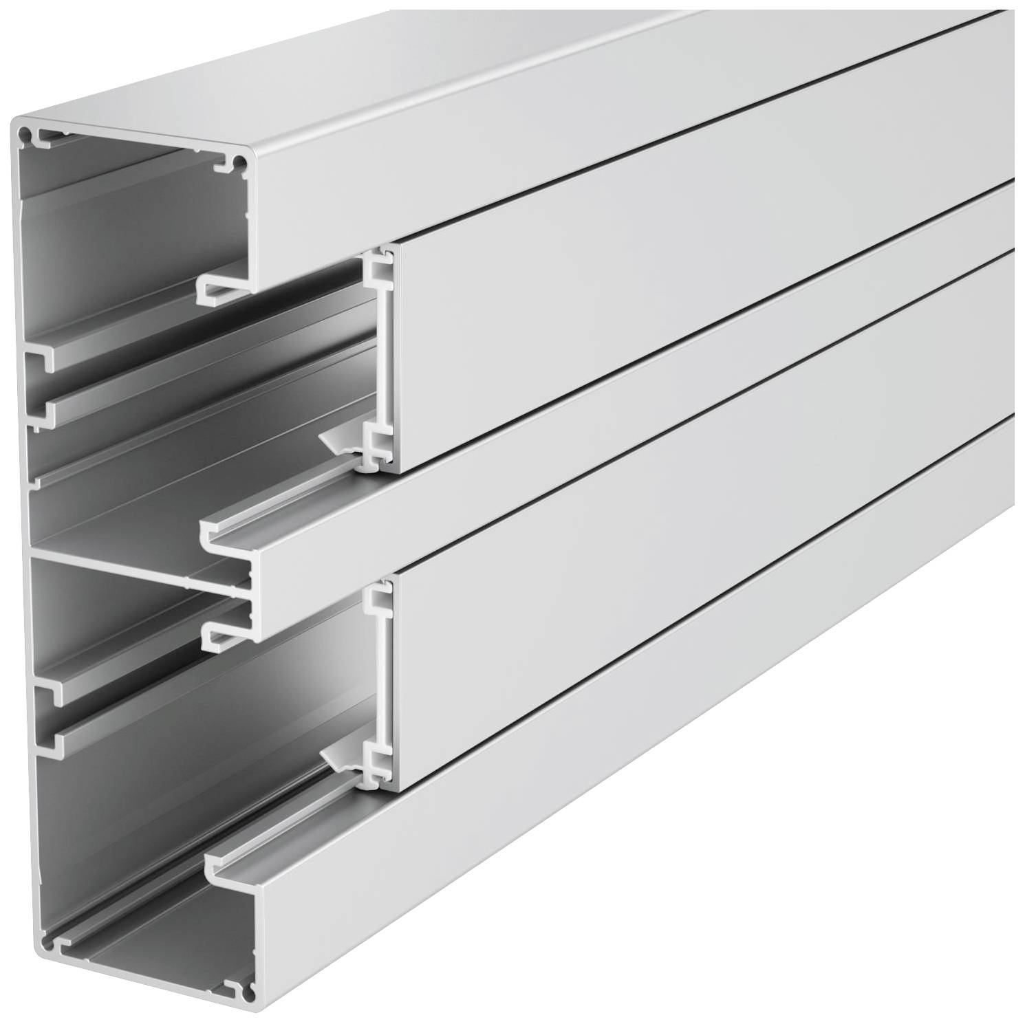 Aluminiumprofil mit mehreren Schlitzen und Kammern, geeignet für Bau- und Montageanwendungen.