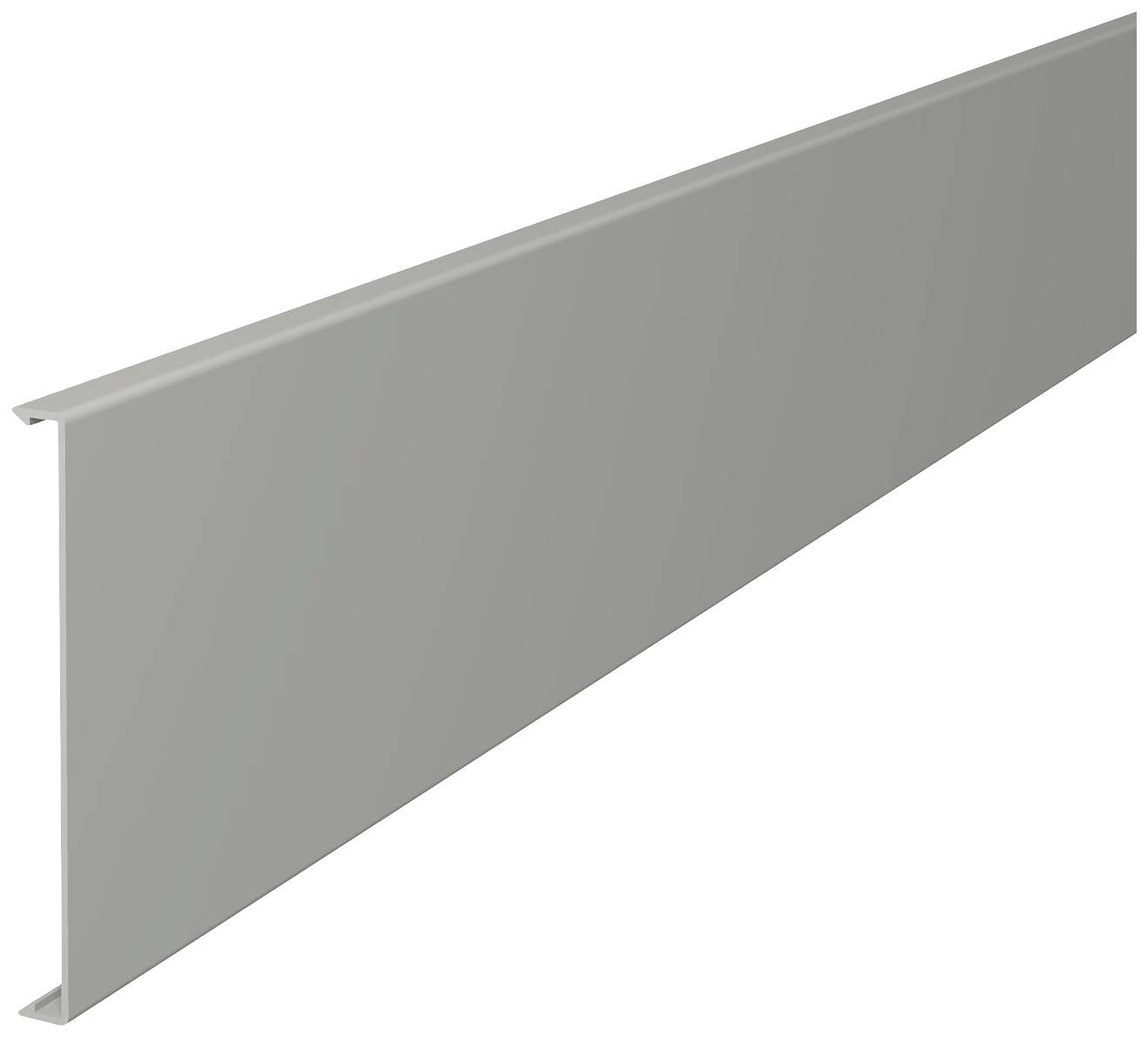 Länglicher, grauer Sockel aus Metall, vermutlich zur Abdeckung von Boden- oder Wandabschlüssen in Innenräumen.