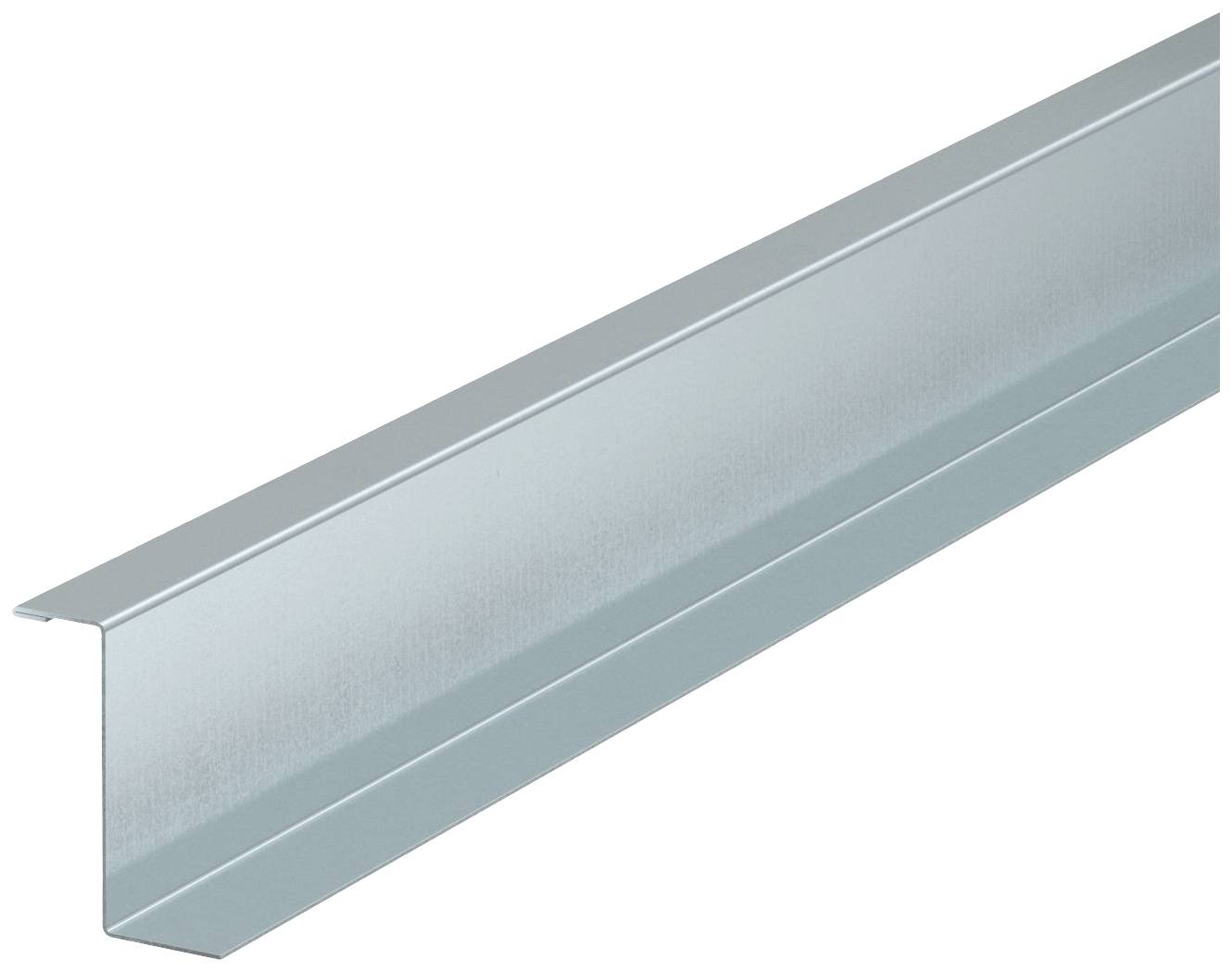 Ein silberner Metallwinkel mit L-Form, häufig verwendet für Bau- oder Renovierungsarbeiten zur Stabilisierung oder Abdeckung von Kanten.