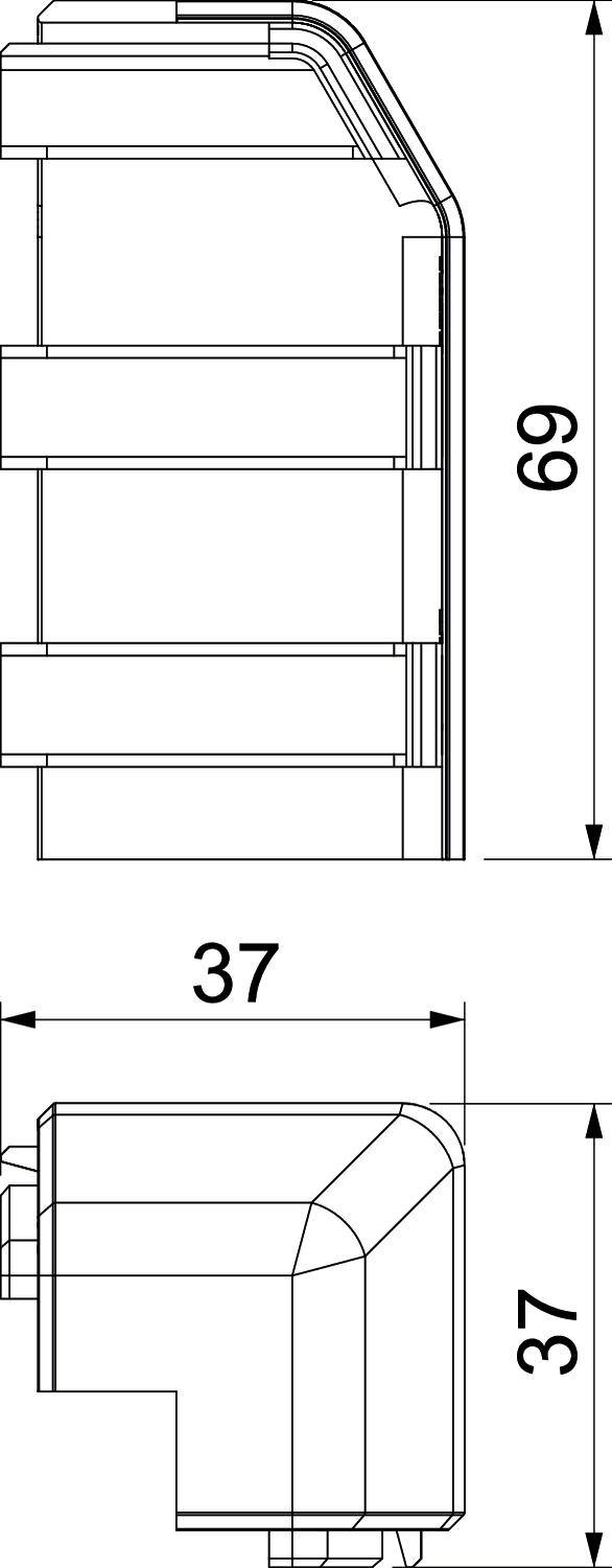 Seitenansicht und Rückansicht einer technischen Zeichnung eines rechteckigen Objekts mit den Maßen 69 x 37 und 37 x 37 Millimeter.