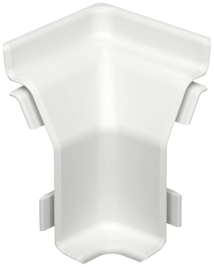 Ein weißes, eckiges Kunststoffteil mit abgerundeten Kanten, möglicherweise eine Verbindungskomponente für ein Möbelsystem.