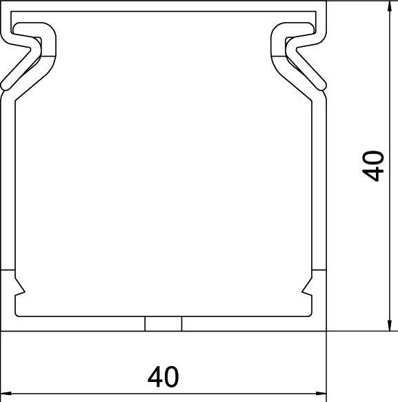 Technische Zeichnung eines quadratischen Profils mit den Maßen 40x40 mm, Detailansicht der Querschnittsform und Verbindungsstellen.