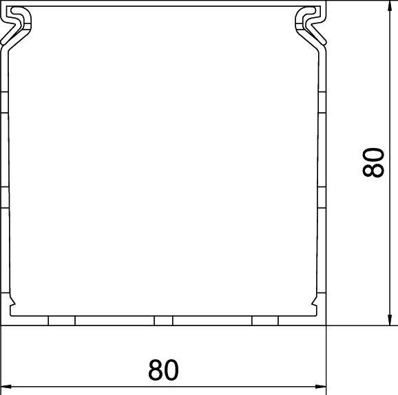 Technische Zeichnung eines quadratischen Profils mit den Maßen 80 x 80 Millimeter. Profil zeigt Schnittansicht und Detailstruktur.