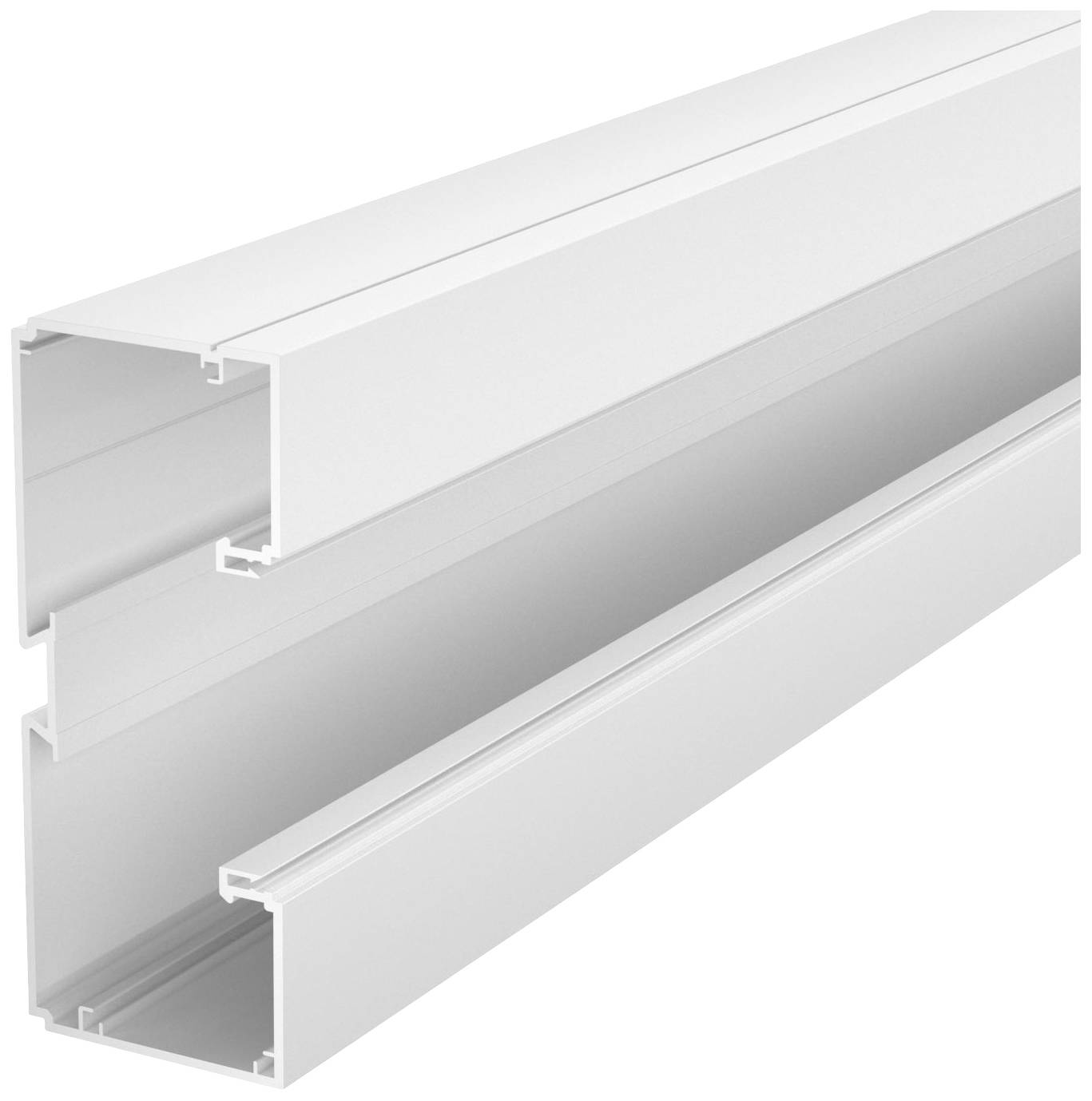 Aluminiumprofil in U-Form, weiß, zur Montage von LED-Lichtleisten, zeigt obere und untere Schiene für sicheren Halt und Abdeckung.