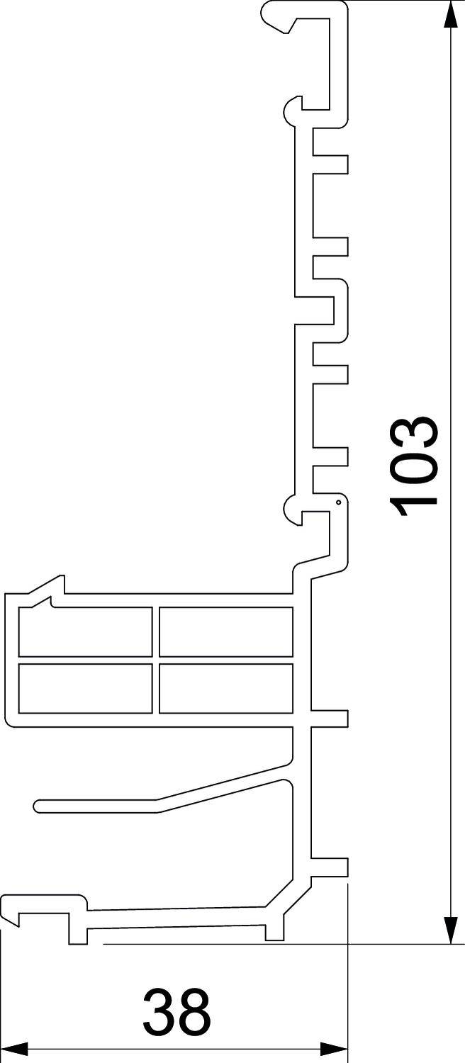 Querschnitt einer Aluminiumprofil-Schiene. Maße: Höhe 103 mm, Breite 38 mm. Zeigt verschiedene Kammern und Strukturmerkmale.