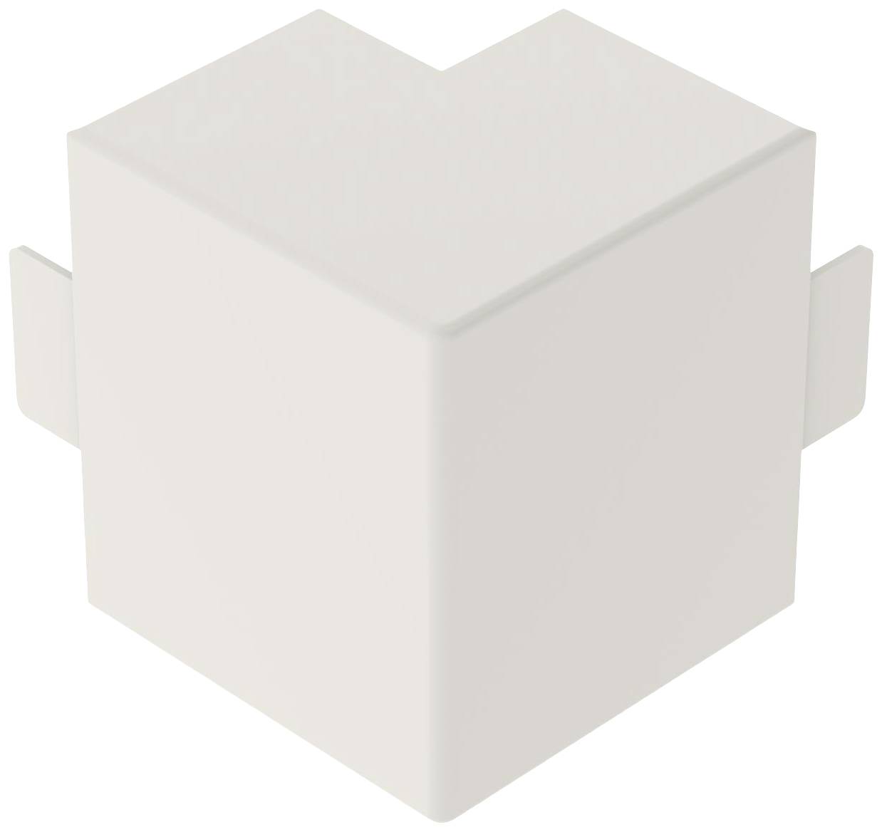 Ein weißes, würfelförmiges Objekt mit abgeschrägten Ecken und kleinen, seitlichen Flügeln, das möglicherweise Teil eines Stecksystems ist.