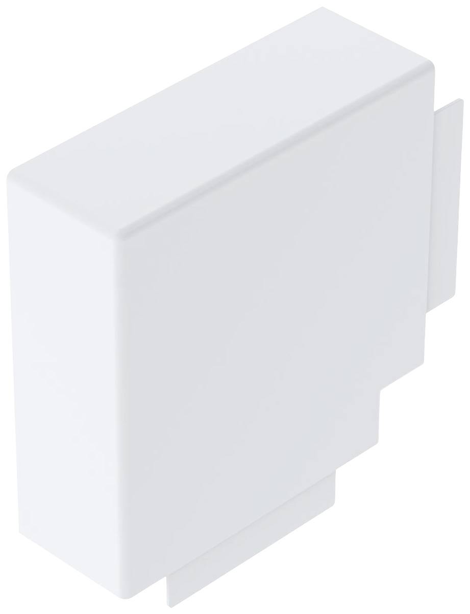 Weiße rechteckige Box mit abgerundeten Kanten und einem unregelmäßigen seitlichen Vorsprung.