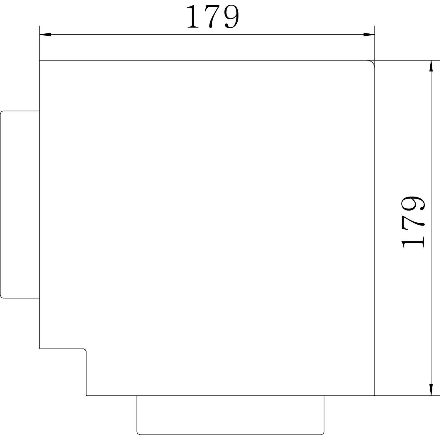 Technische Zeichnung einer quadratischen Platte mit Abmessungen von 179 mm x 179 mm, ohne weitere Details oder Beschriftungen.