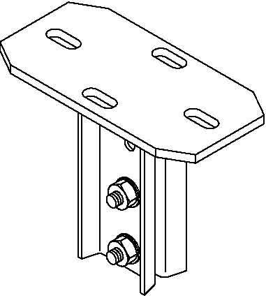 Linienzeichnung einer Metallhalterung mit 90-Grad-Winkel. Zwei Schrauben an der vertikalen Stütze und vier ovale Löcher auf der Platte.