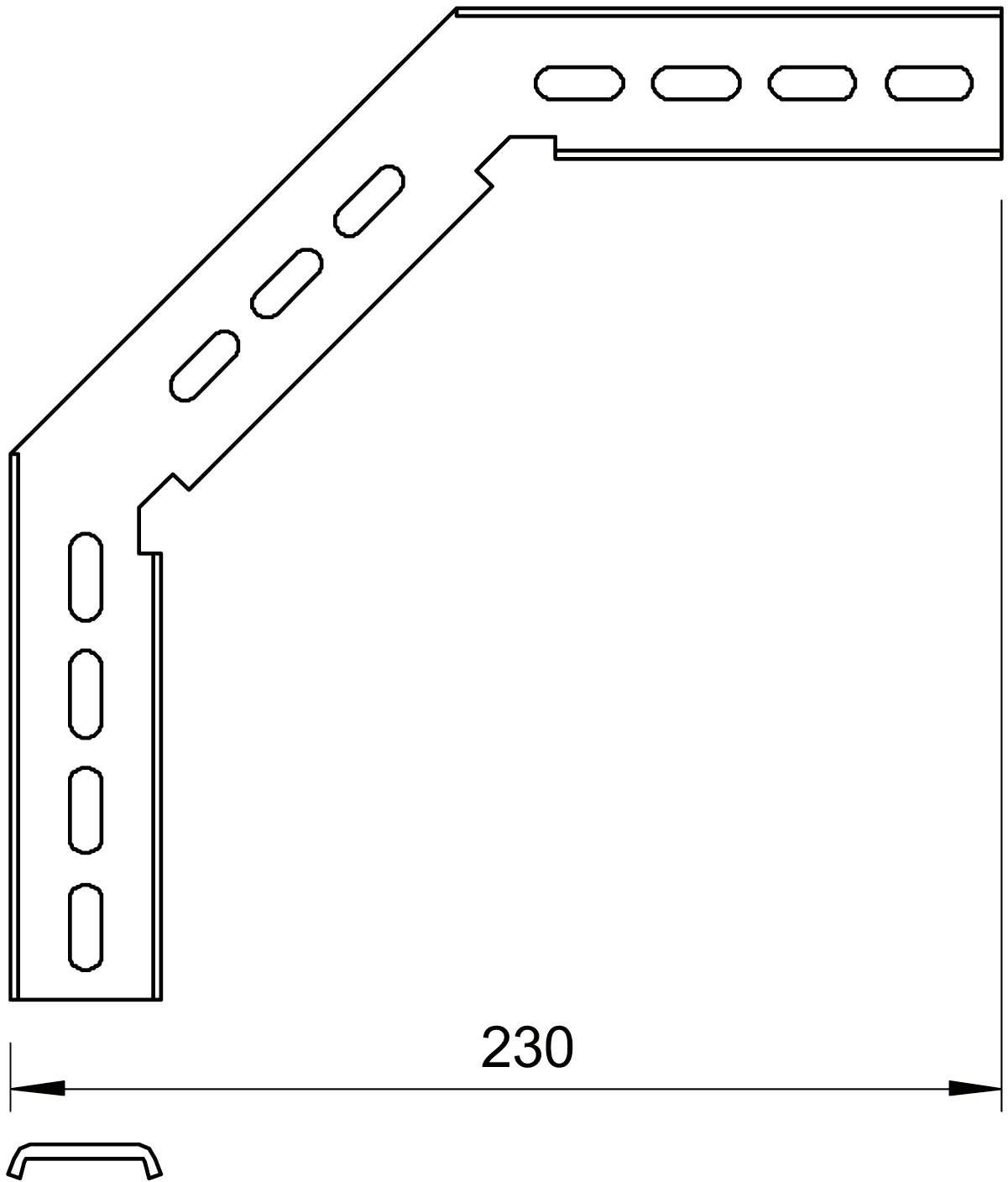Ein technisches Diagramm einer Winkelstütze mit Lochmustern und der Länge von 230 mm wird angezeigt.