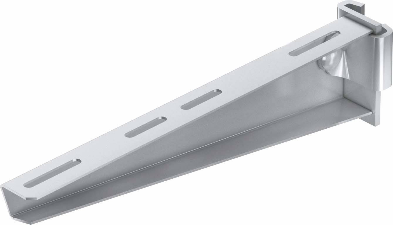 Silbernes Metallregalhalterung mit mehreren Schlitzen zur Höhenanpassung. Geeignet für den Einsatz in modularen Regalsystemen.