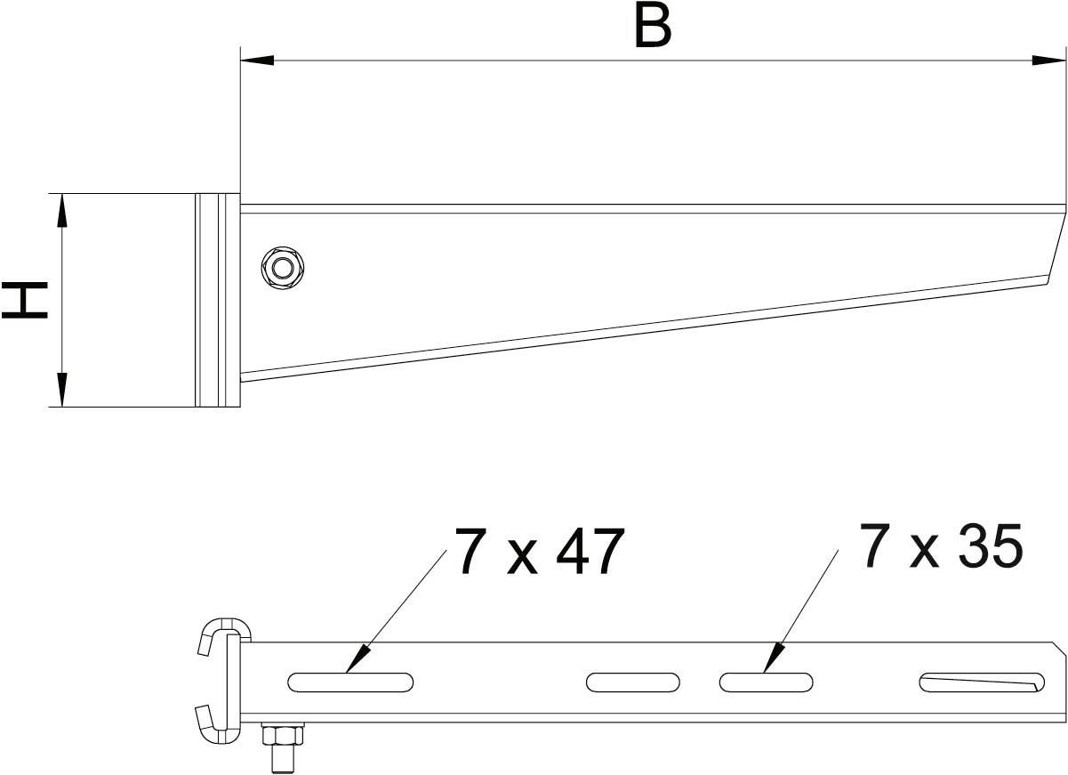 Technische Zeichnung einer Metallhalterung mit den Maßen B und H. Seitliche Ansicht zeigt Befestigungslöcher mit den Aufschriften '7 x 47' und '7 x 35'.