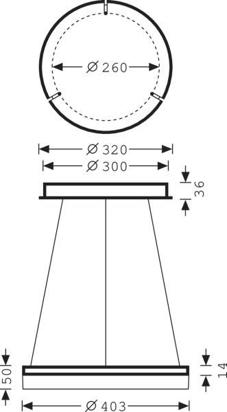 Technische Zeichnung eines konischen Objekts mit Maßen: Durchmesser oben 260 mm, außen 320 mm, unten 403 mm, Höhe 500 mm.