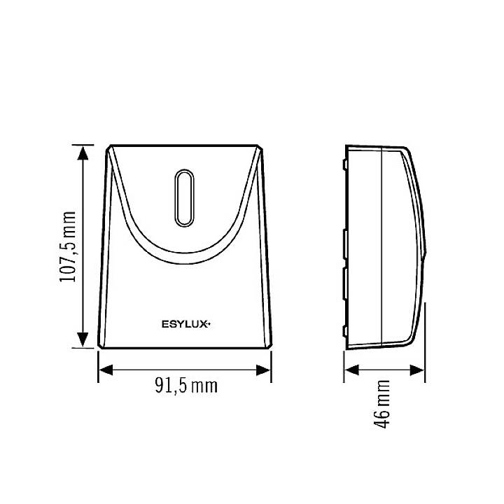 Technische Zeichnung eines elektrischen Geräts mit den Maßen: Höhe 107,5 mm, Breite 91,5 mm, Tiefe 46 mm.