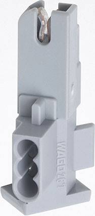 Ein graues Kunststoffteil mit einer rechteckigen Vertiefung und seitlicher Öffnung. Zweck nicht ersichtlich, möglicherweise ein Verbindungselement.