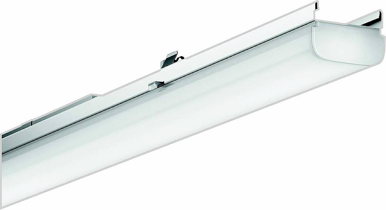 LED-Leuchte, länglich und weiß, geeignet für Deckenmontage in Büros oder Lagerräumen; modernes, schlichtes Design.