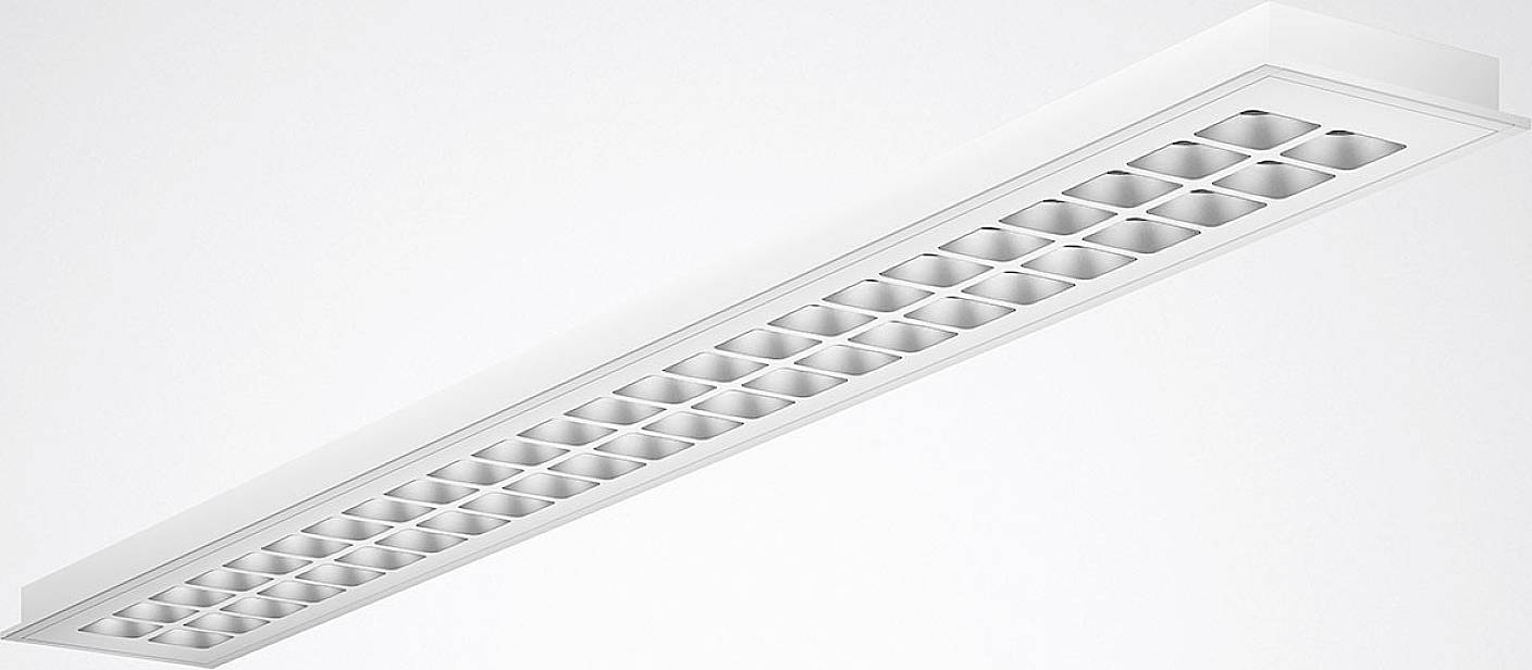 Weiße rechteckige Deckenleuchte mit gitterförmigen Öffnungen, die gleichmäßiges Licht abstrahlt. Geeignet für moderne Innenräume.