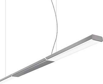 Moderne, graue Hängelampe mit rechteckigem Design und schmalem Lichtstreifen, der an dünnen Kabeln von der Decke hängt.