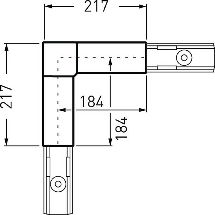 Technische Zeichnung eines rechtwinkligen Anschlusses mit Maßen: 217 x 217 mm außen, 184 x 184 mm innen.
