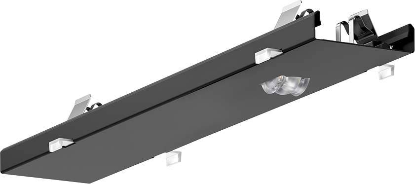 Ein schwarzes Schienensystem für Beleuchtung mit Clips und LED-Lampen, montiert an einer Decke. Ideal für moderne Innenräume.