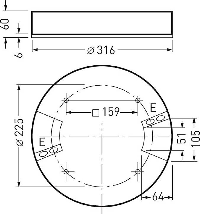 Technische Zeichnung eines runden Bauteils mit einem Durchmesser von 316 mm. Zeigt Bohrungsabstände und strukturelle Details.