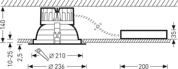 Diagramm eines Deckeneinbaulauts. mit Maßen: Höhe 140 mm, Breite 236 mm. Verbindungsleitung zu einem externen Modul, Abstand 200 mm.