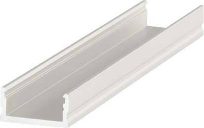 Weiße Kunststoffführungsschiene, rechteckig, mit L-förmigem Profil. Wird zur Kabelverlegung oder als Führungselement verwendet.