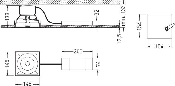 Technische Zeichnung eines quadratischen Lüftungsgeräts mit Kabel. Maße: 145 x 154 mm, Tiefe 133 mm. Kabel 200 mm lang, Durchmesser 74 mm.