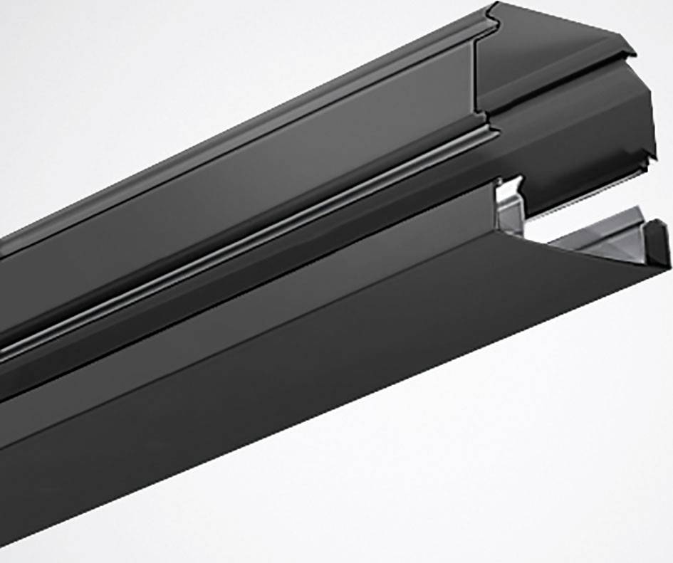 Schwarzer Aluminiumprofilrahmen, perspektivisch dargestellt. Verwendet für Industriell- oder Architekturanwendungen.