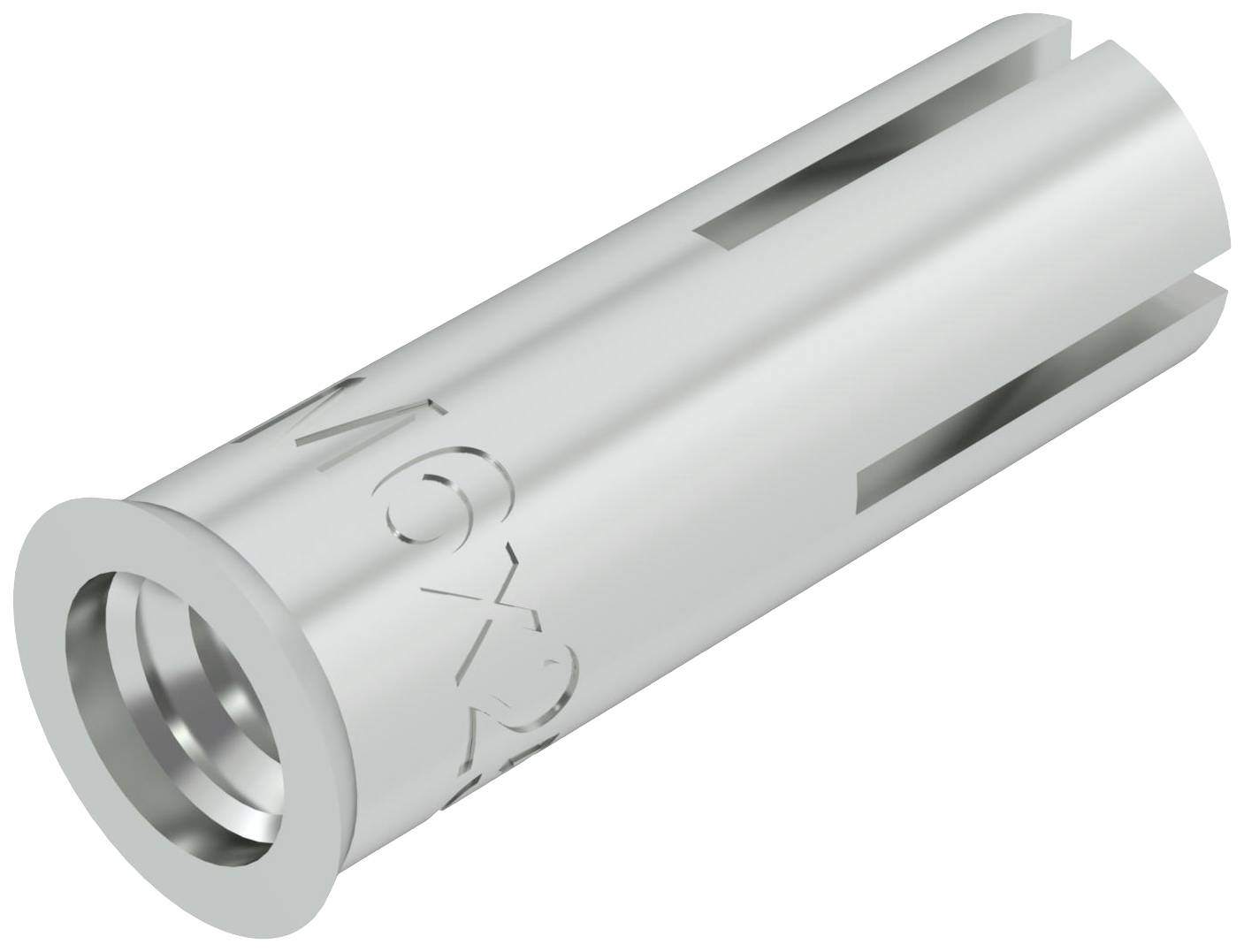 Ein zylindrischer Metalleinsatz mit Schraubgewinde und Schlitzen, kennzeichnet mit 'M6x2', geeignet zur Befestigung in Materialien.