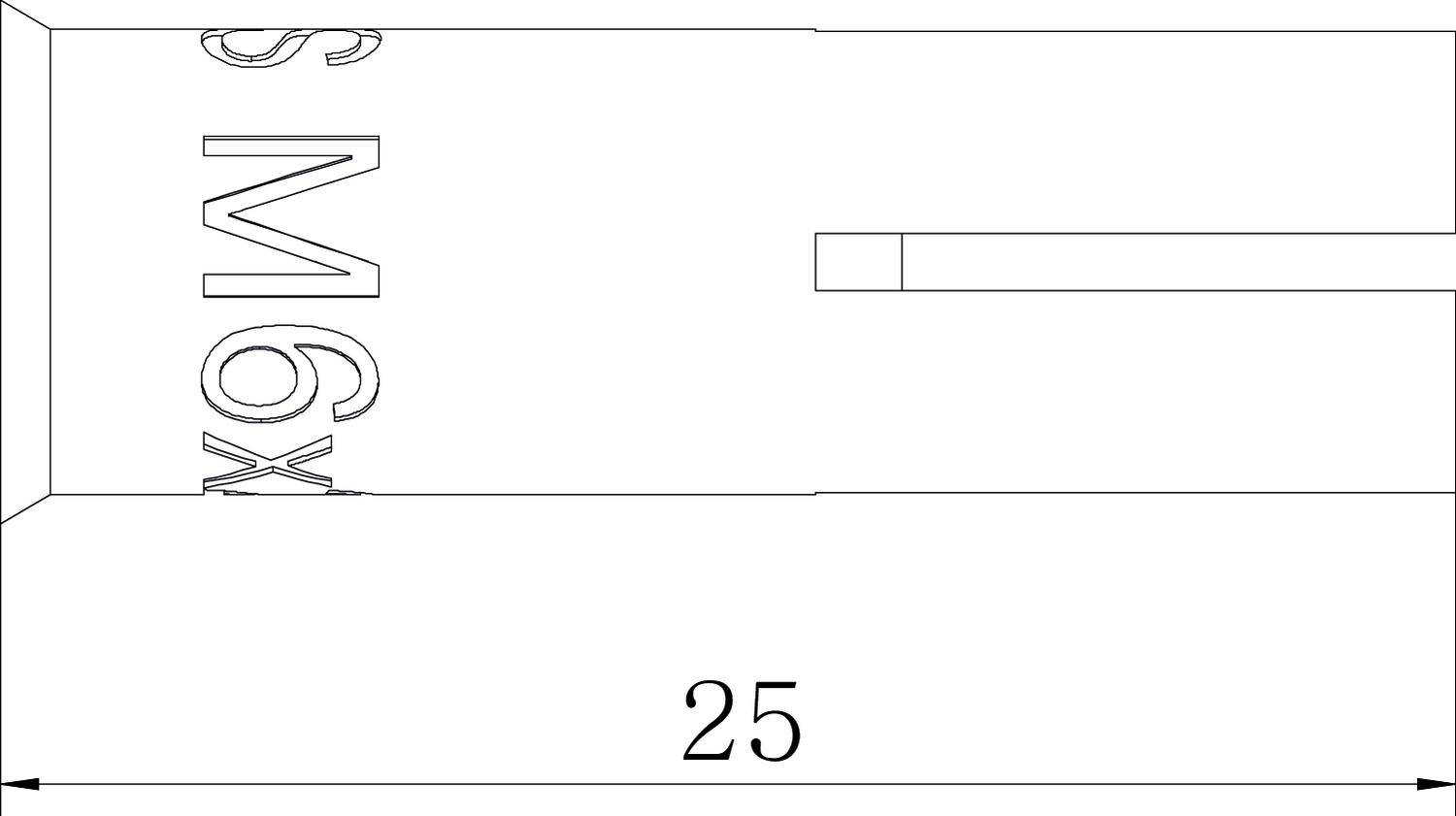 Technische Zeichnung eines zylindrischen Objekts mit der Aufschrift 'M6x9'. Die Länge des Objekts beträgt 25 Einheiten.