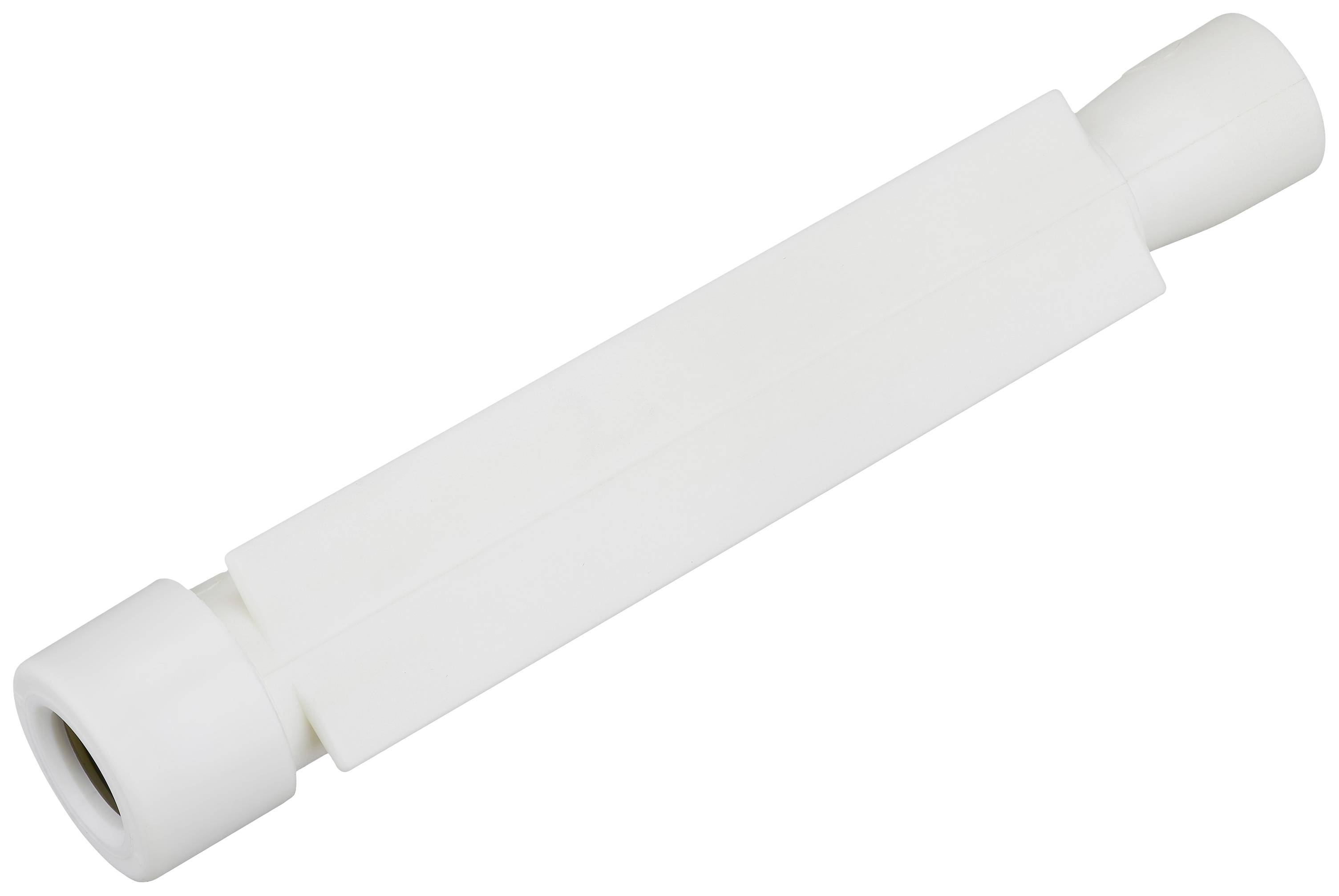 Ein weißer, zylinderförmiger Stab mit einem breiteren Ende und einer schmaleren Spitze, möglicherweise ein Verbindungsteil oder Adapter.