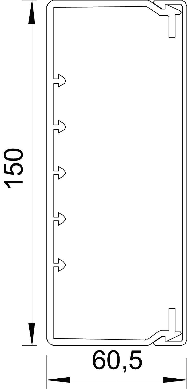 Querschnitt einer rechteckigen Struktur mit inneren Haken. Maße: 150 mm hoch, 60,5 mm breit.