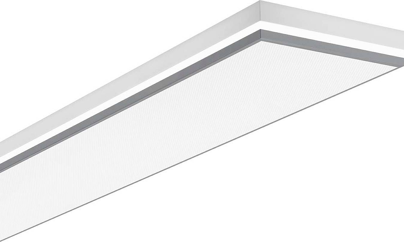 Weiße LED-Deckenleuchte mit modernem, schlankem Design, angebracht in einem Innenraum.