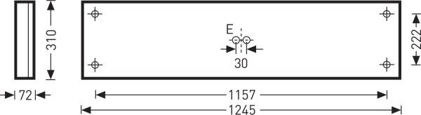 Technische Zeichnung eines rechteckigen Bauteils mit Maßen: Länge 1245 mm, Breite 310 mm, Höhe 72 mm. Zentrierungspunkt E markiert.