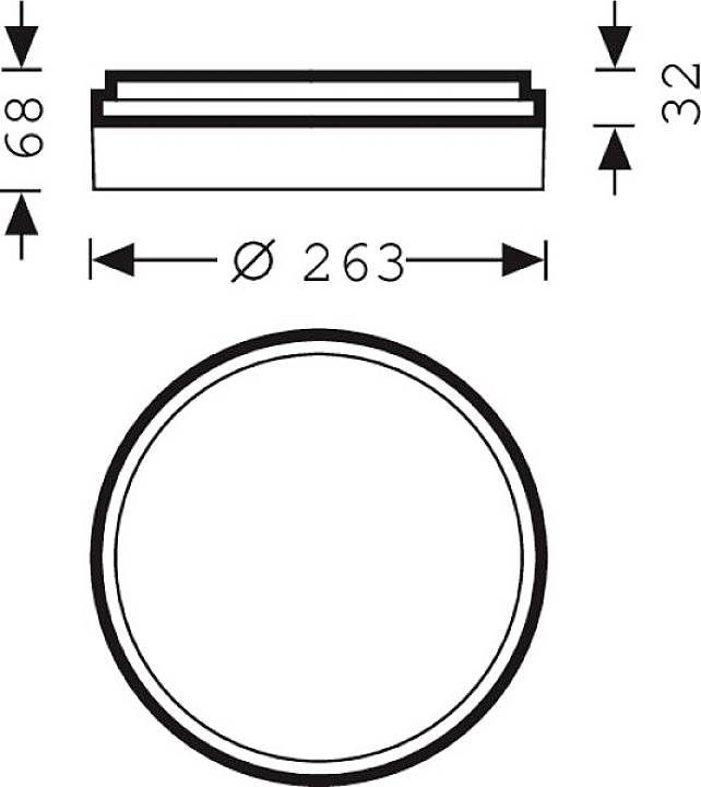 Technische Zeichnung eines runden Objekts mit einem Durchmesser von 263 mm. Höhe 68 mm, zweite Höhe 32 mm. Draufsicht und Seitenansicht.