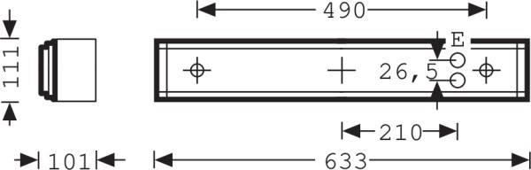 Technische Zeichnung eines rechteckigen Metallteils mit 633 mm Länge und 111 mm Breite, Bohrungen und Maßangaben.