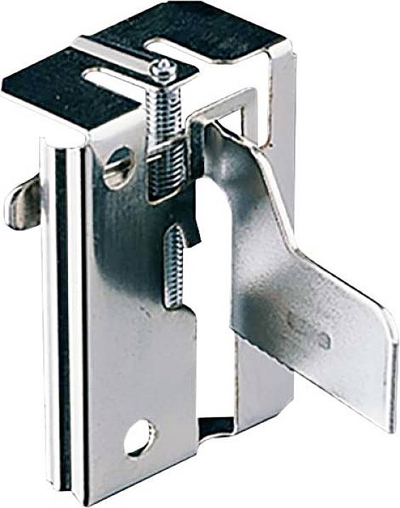 Ein Metallbeschlag für Möbelmontage, bestehend aus einer Klammer mit Schraube und Loch zur Befestigung an einer Oberfläche.