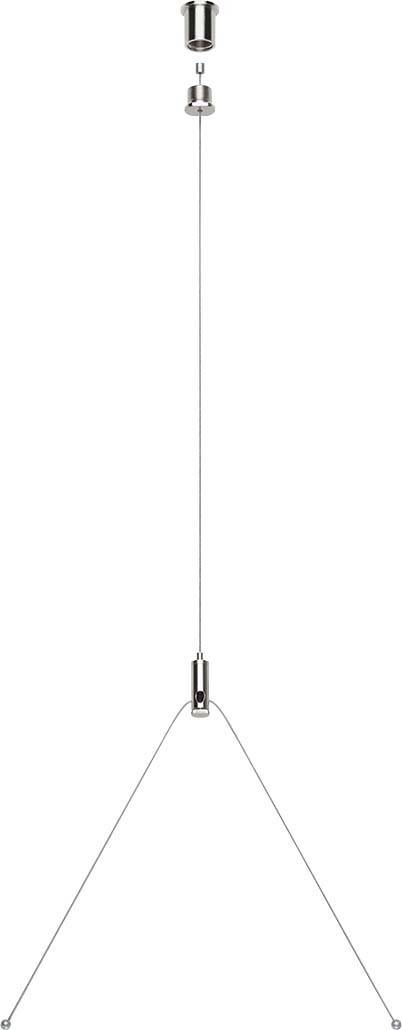 Hängelampe mit verchromtem Metallgehäuse und langem Kabel, vor weißem Hintergrund. Minimalistisches Design für moderne Räume.