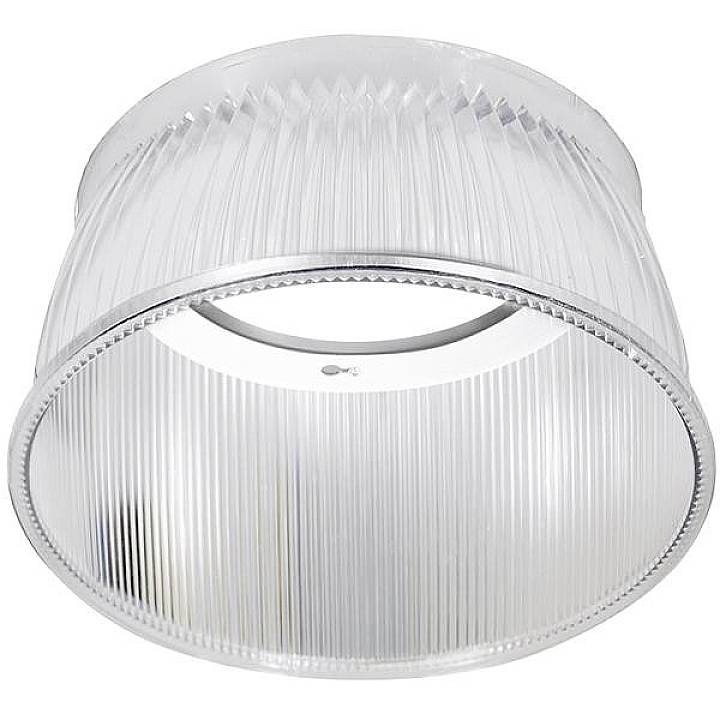 Eine durchsichtige, runde Kunststoffleuchte mit vertikalen Rillen. Sie dient zur Abdeckung und Streuung von Lichtquellen in Innenräumen.