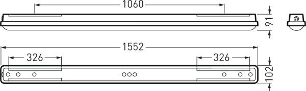 Diagramm einer rechteckigen Lampe mit den Maßen: Länge 1552 mm, Breite 1060 mm, zusätzliche Angabe 326 mm. Seitenansicht 91 mm hoch.