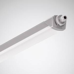 Eine weiße LED-Röhre mit einer grauen Anschlusskappe an einem Ende, vor einem neutralen Hintergrund platziert.