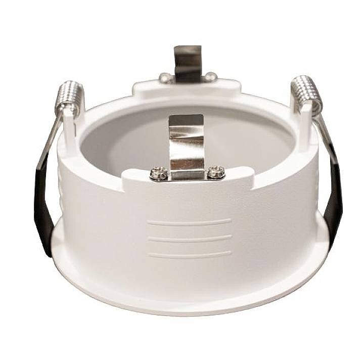 Weiße Einbaurahmenhalterung für LED-Spots mit Befestigungsklammern, geeignet für Deckenmontage.