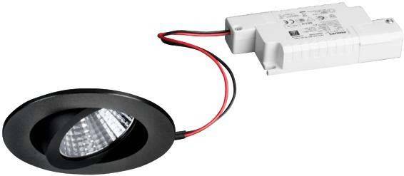 Eine runde, schwarze LED-Einbauleuchte mit angeschlossenem weißem Transformator und Kabel.