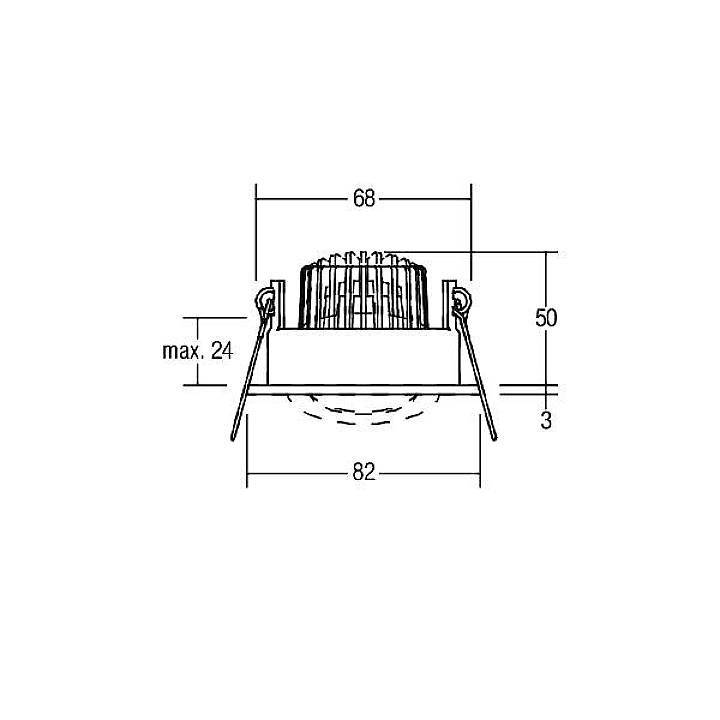 Strichzeichnung eines Einbaustrahlers mit Maßen: Durchmesser 68 mm, Tiefe 50 mm, Abdeckung maximal 24 mm, Breite 82 mm.