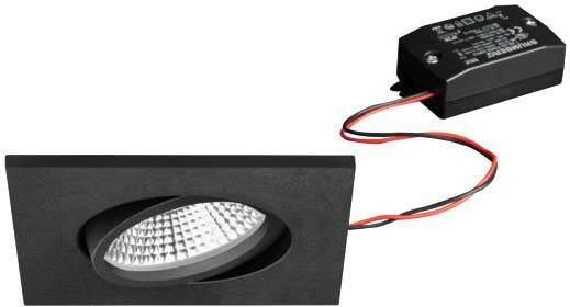 Schwarzer LED-Einbaustrahler mit quadratischer Form und strukturiertem Glas, verbunden mit roten und schwarzen Kabeln.